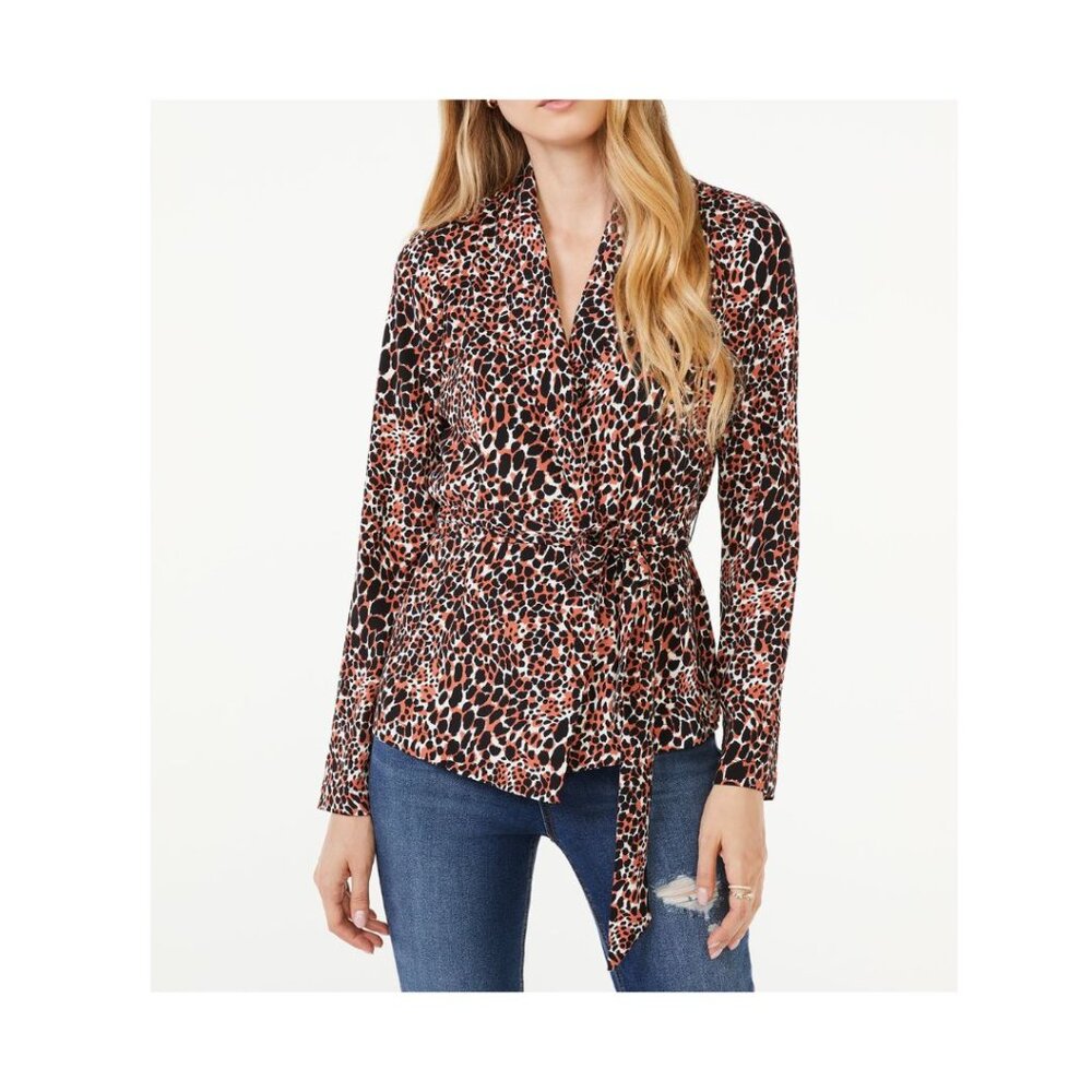 Scoop Black White Brown Cheetah Print Slinky Knit Wrap Blouse Women XL NWT